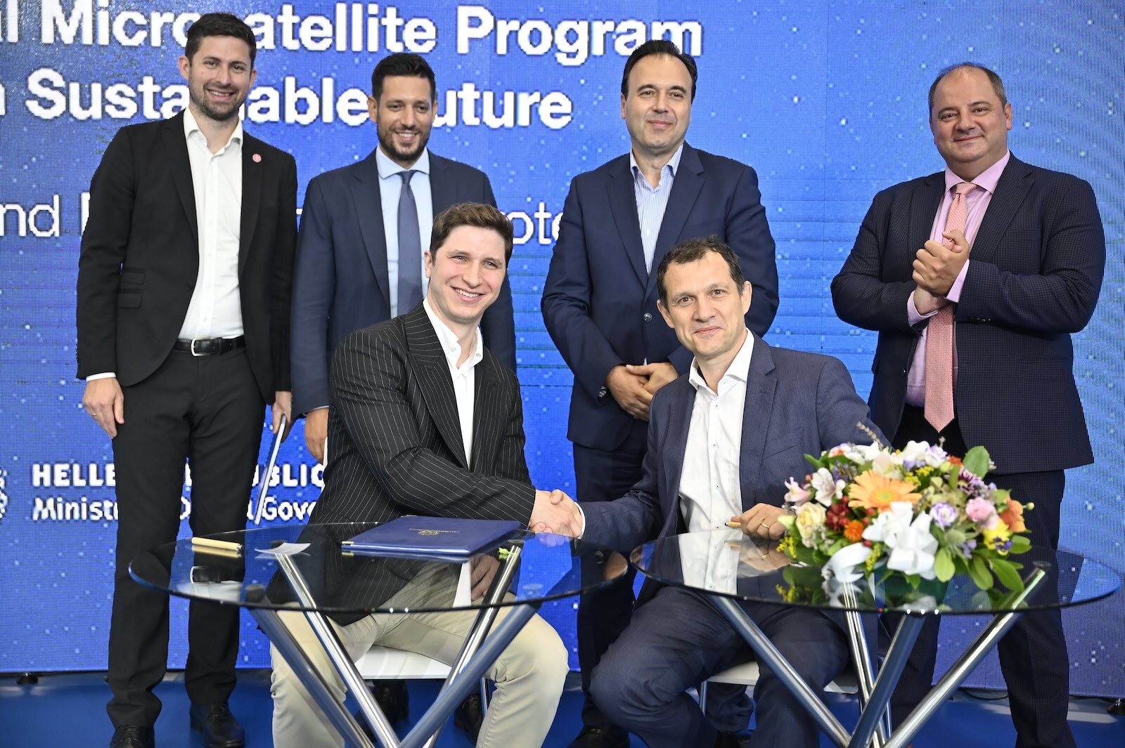 Top row from left: Martin Langer, CEO & CTO of OroraTech; Konstantinos Kyranakis, Deputy Minister of Digital Governance; Dimitris Papastergiou, Minister of Digital Governance; Konstantinos Karantzalos, General Secretary of Telecommunications and Post;Bottom row from left: Rafal Modrzewski, CEO and Co-founder of ICEYE; Dominique Gilliéron, Head of Earth Observation Projects Department, ESA.